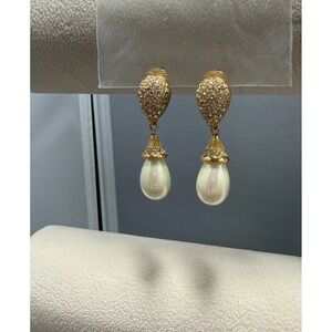 Vintage Dior Rhinestone Iridescent Faux Pearl Teardrop Clip-On Earrings